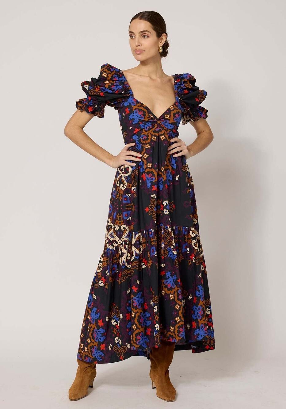 Celobella Dress Small Maxi Puff Sleeve Smocked Boho Black Jewel Venezia